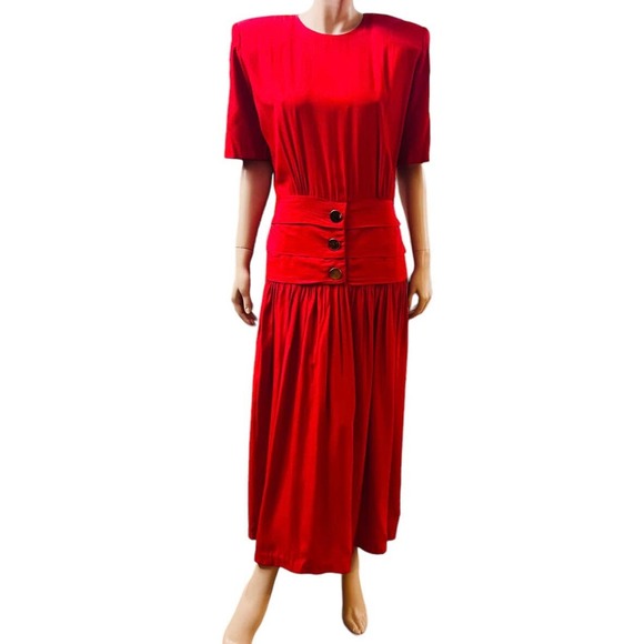 Vintage 80s David Benjamin Collection Red Maxi Dress Short Sleeves Fit M/L - Picture 1 of 12